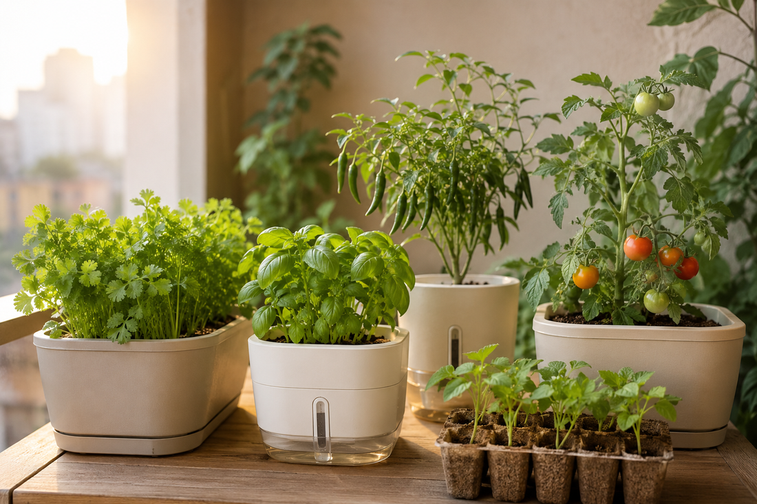 Beginner kitchen garden at home in India with herbs and vegetables growing in pots
