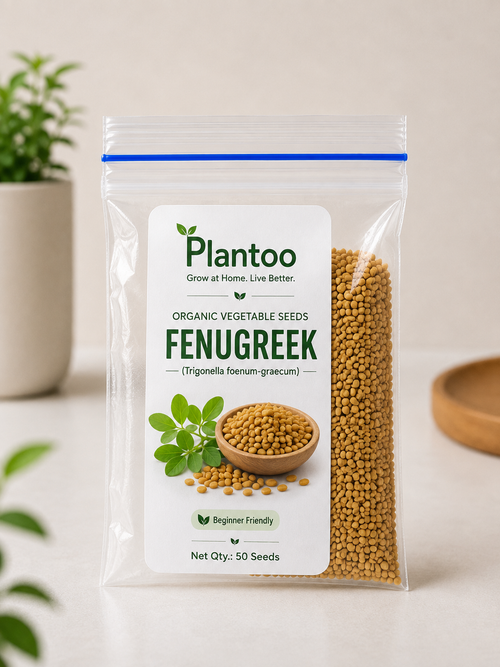 A clear resealable stand-up pouch of Plantoo Fenugreek organic vegetable seeds, with a white front label and blue zipper, photographed on a light neutral surface with soft blurred plants in the background.