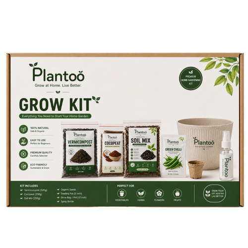 Plantoo Grow Kit box with vermicompost, cocopeat, soil mix, seeds, pot, and spray bottle